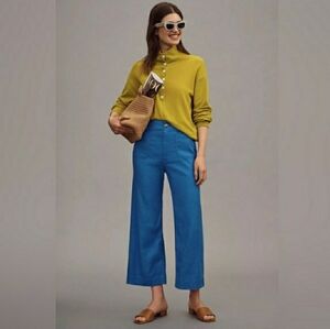 Anthropologie Maeve Collette Blue Wide Cropped Linen Blend Pants Size 33